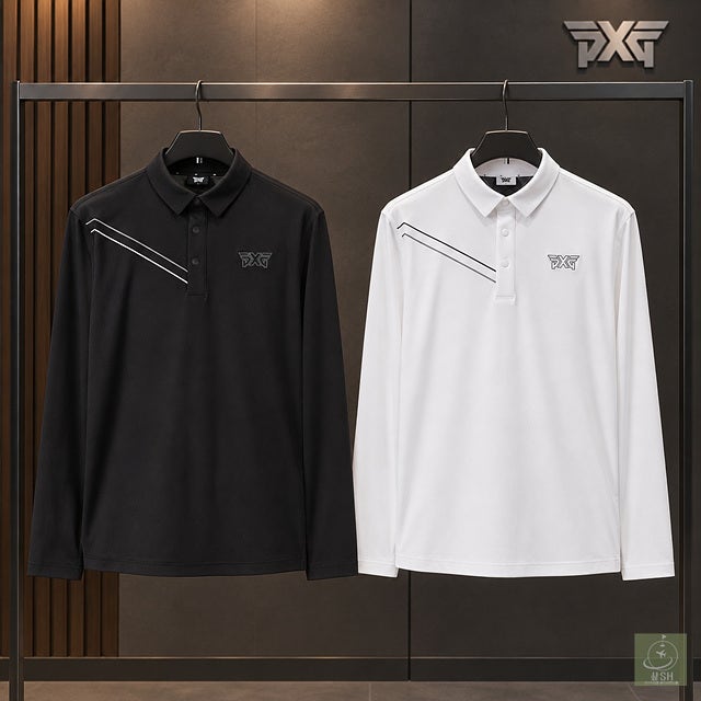PXG 남성 골프웨어 추천｜배색 라인 기능성 긴팔 카라티 블랙·화이트 가을 라운딩룩