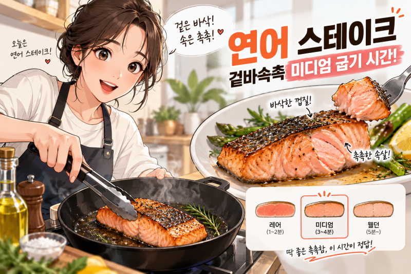 연어 스테이크 겉바속촉 미디엄 굽기 시간 비밀 팁 5가지