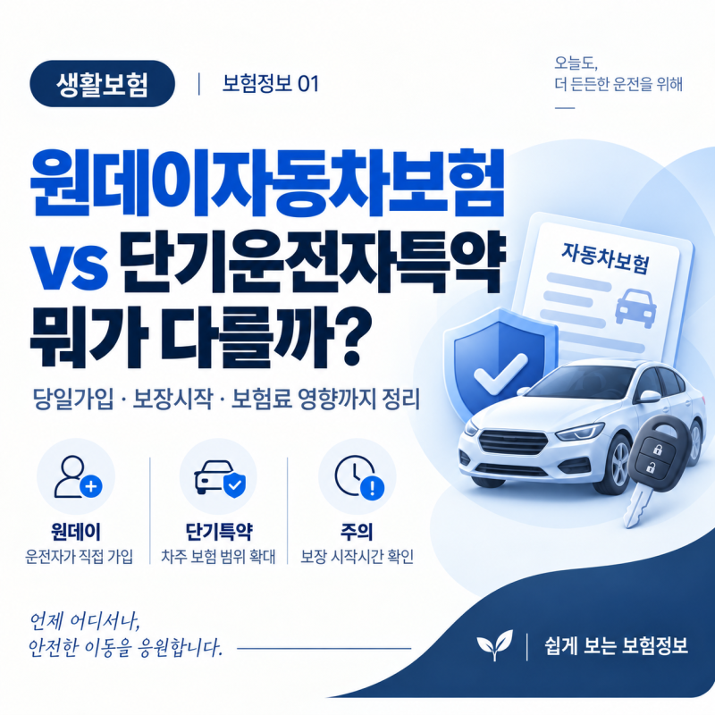 원데이자동차보험 vs 단기운전자특약 차이, 당일 가입 보험료 할증까지 정리