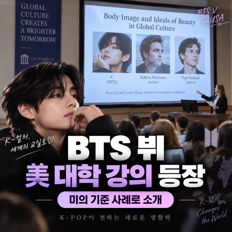BTS 뷔 미국 대학 강의 등장, 로버트 패틴슨·톰 홀랜드와 ‘미의 기준’ 사례로
