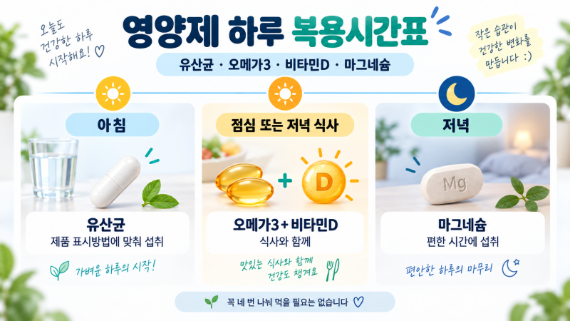 오메가3·유산균·비타민D·마그네슘 복용시간표｜아침·점심·저녁 언제 먹을까?