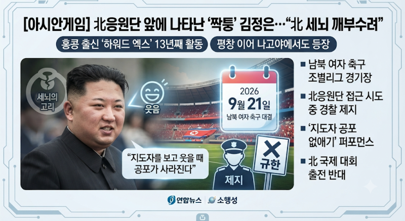 "북한 세뇌 깨부수려..." 나고야 아시안게임 북·한 전 경기장에 나타난 '짝퉁 김정은'