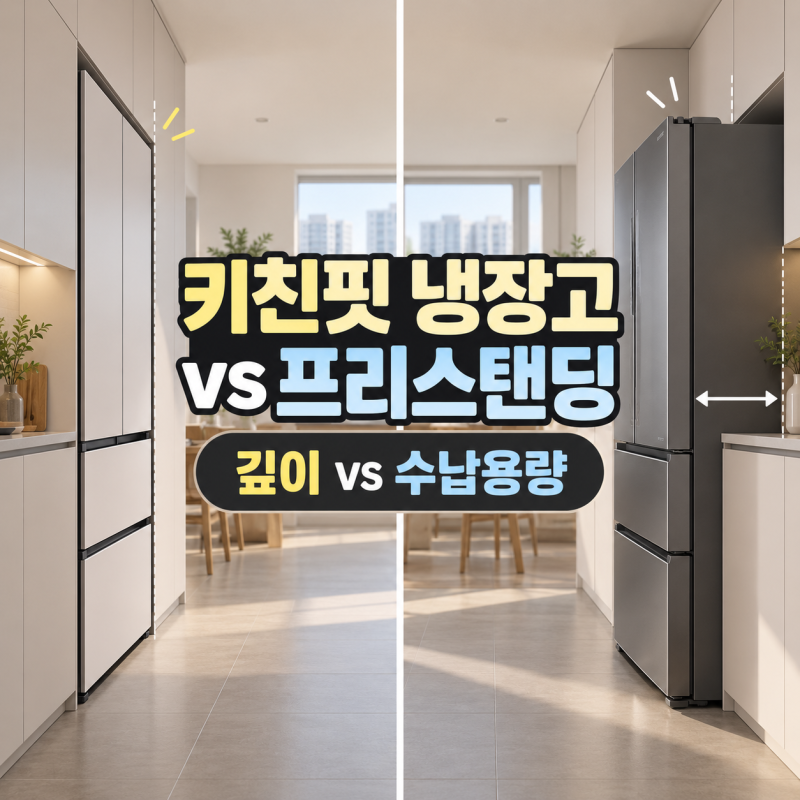 키친핏 냉장고 vs 프리스탠딩, 깊이·용량·냉장고장 사이즈에서 갈립니다