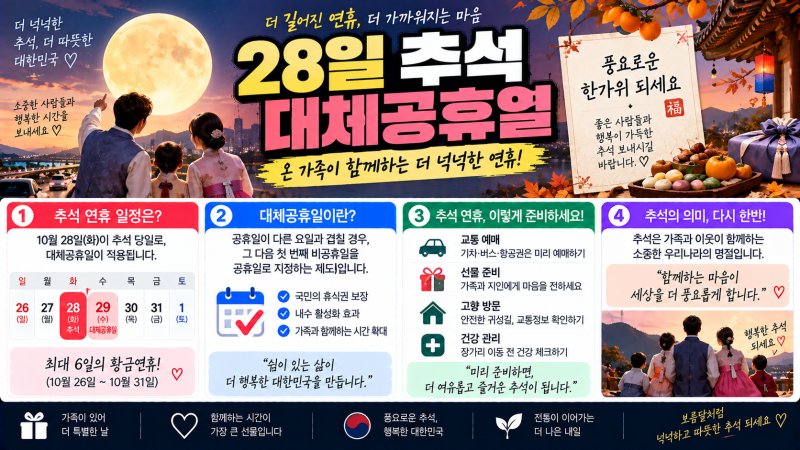 2026년 9월 28일 추석 대체공휴일 맞을까? 추석 연휴 날짜·월요일 출근·은행 업무까지 총정리