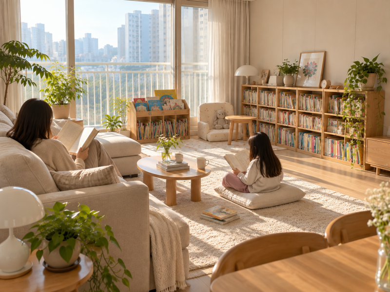 거실 서재화 인테리어, 가족 모두가 책 읽는 공간 만드는 방법