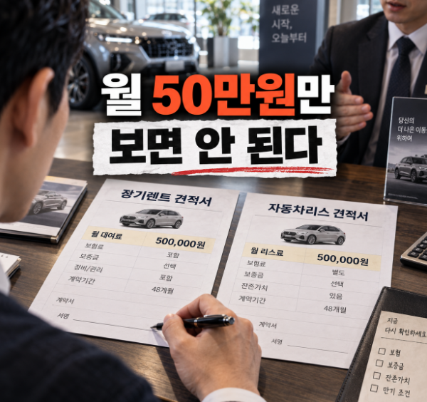 장기렌트 vs 리스 48개월 총비용 비교, 월 50만원보다 보험·인수가가 더 중요했다