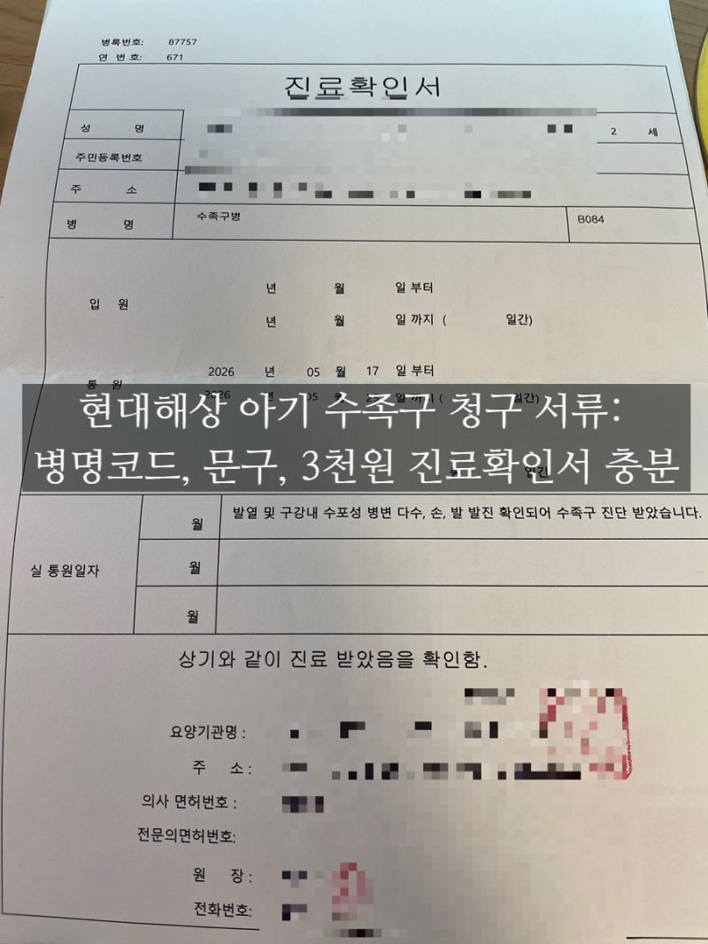 현대해상 아기 수족구 청구 서류: 병명코드, 문구, 3천원 진료확인서 충분