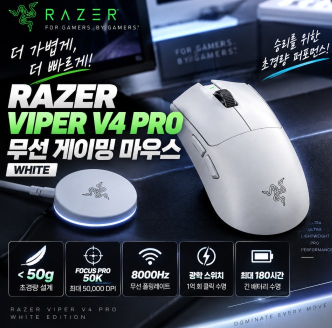 엘's 무선 게이밍 마우스 추천 레이저 바이퍼 V4 Pro 화이트, 50g 초경량에 8000Hz까지