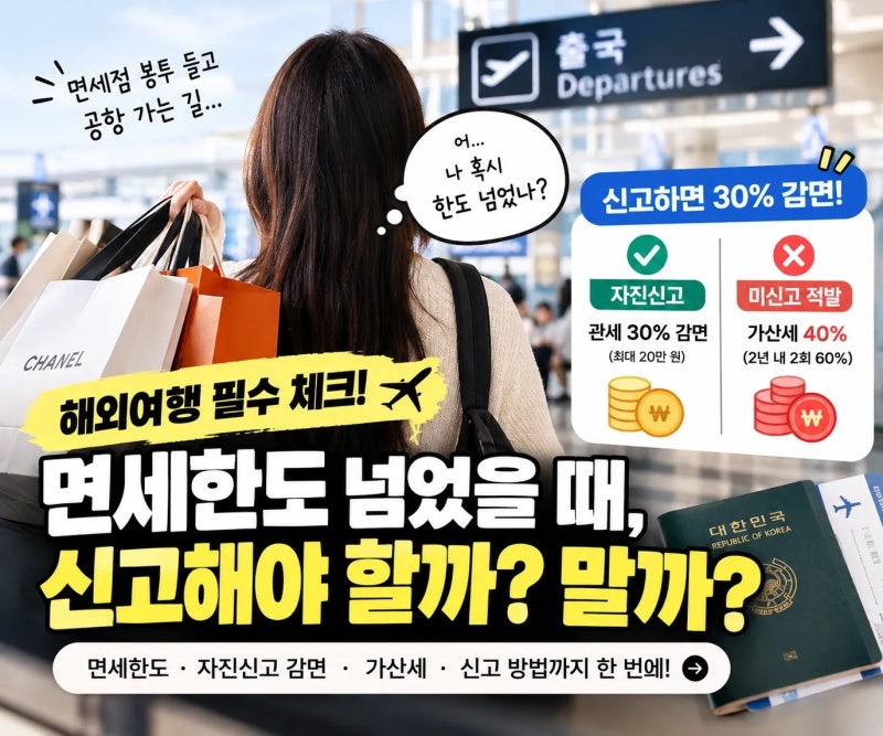 해외여행 면세한도 800달러 초과? 자진신고하면 30% 감면, 안 하면 가산세 40% (2026년 기준)
