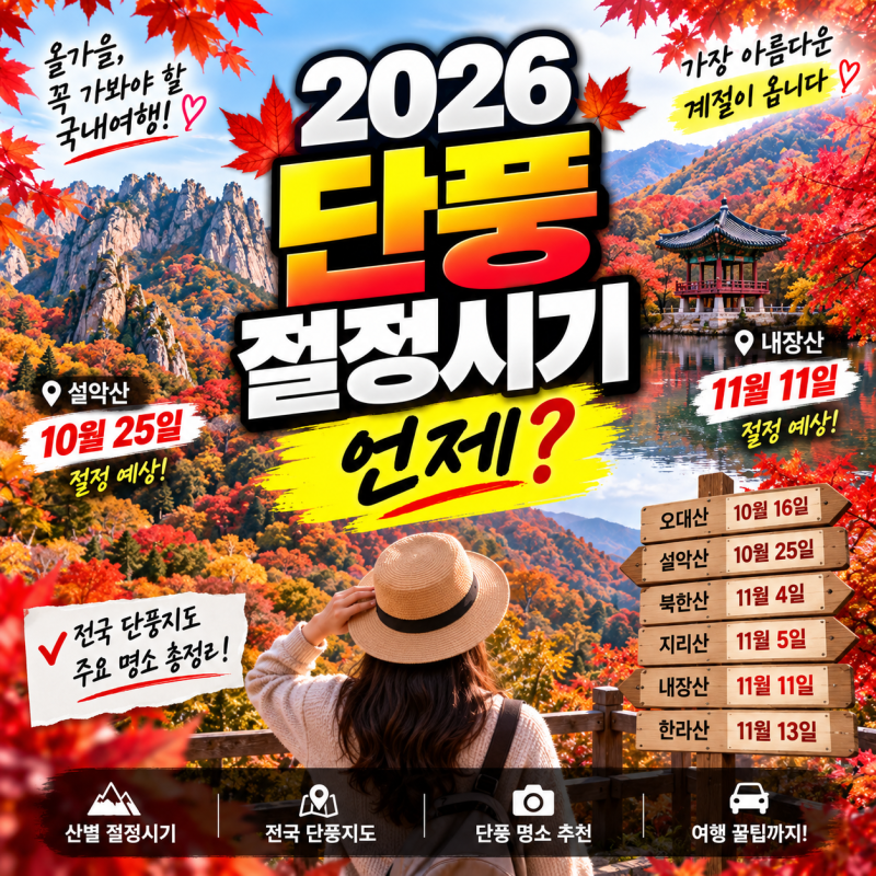 2026 단풍 절정시기 언제? 설악산 10월25일·내장산 11월11일, 전국 단풍지도 총정리