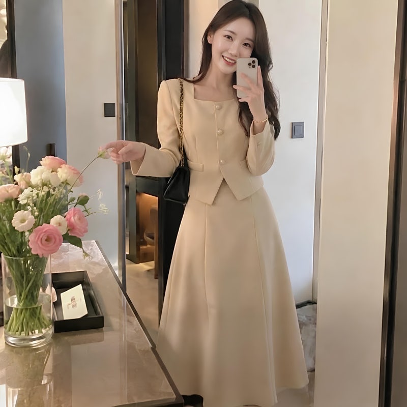 아뜨랑스 자체제작 스퀘어넥 자켓 플레어 롱 스커트 셋업 하객룩 오피스룩 추천 st3038