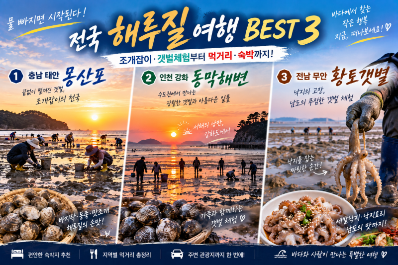 해루질 여행 어디로 갈까? / 전국 해루질·갯벌체험 BEST 3 / 조개잡이부터 주변 먹거리·숙박까....