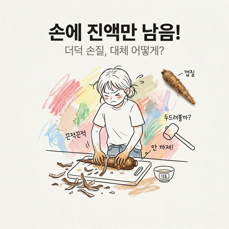 손에 진액만 남음 더덕 손질법 껍질 까는 법 씻기 식초 쓴맛 두드리기