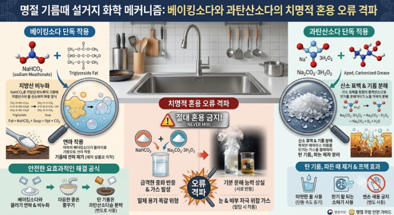 "베이킹소다에 식초 붓지 마세요: 명절 설거지 망치는 최악의 착각 (기름때 화학 세척법)"