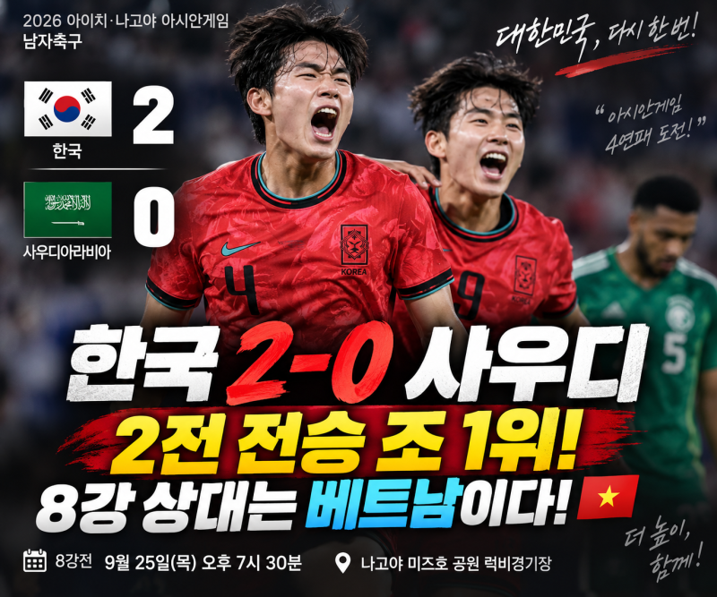 한국 사우디 2-0 승리, 조 1위로 8강! 다음 상대 베트남이다
