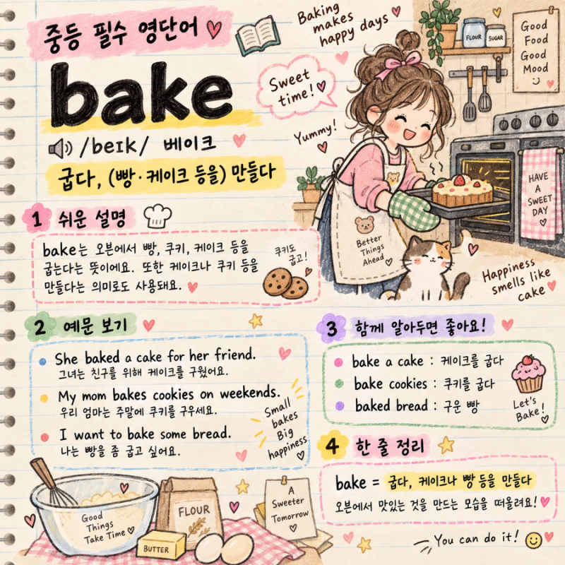bake 베이크 ㅣ굽다, 빵이나 케이크 등을 만들다
