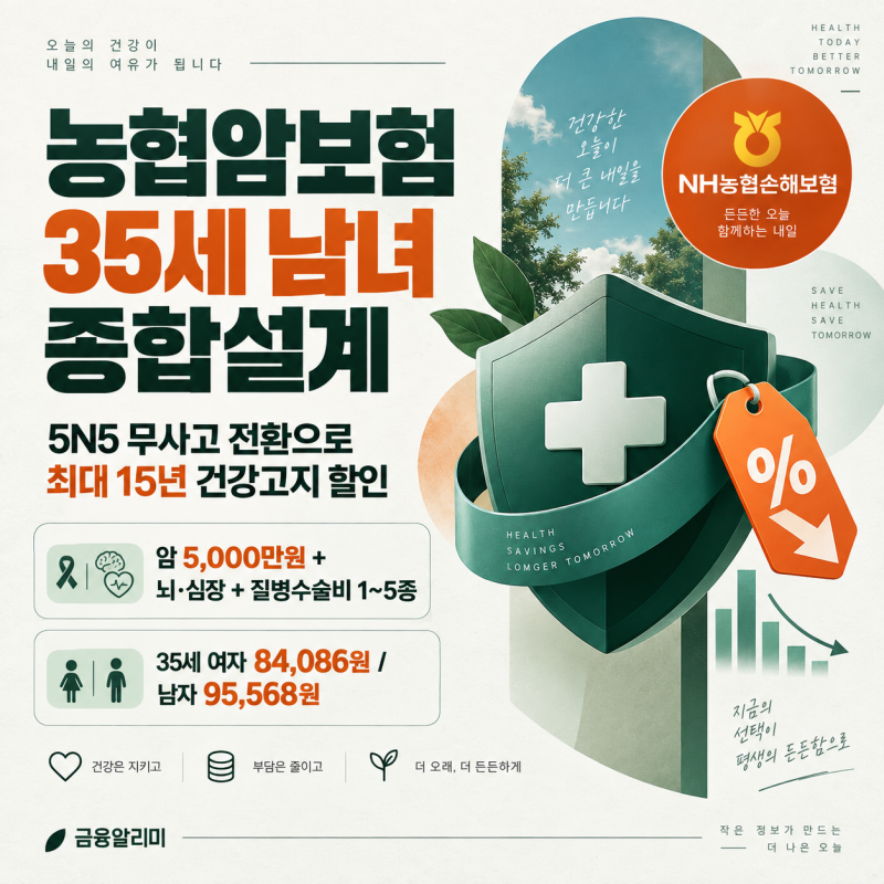 농협암보험 35세 남녀 종합설계, 5N5 무사고 전환으로 최대 15년 건강고지 할인
