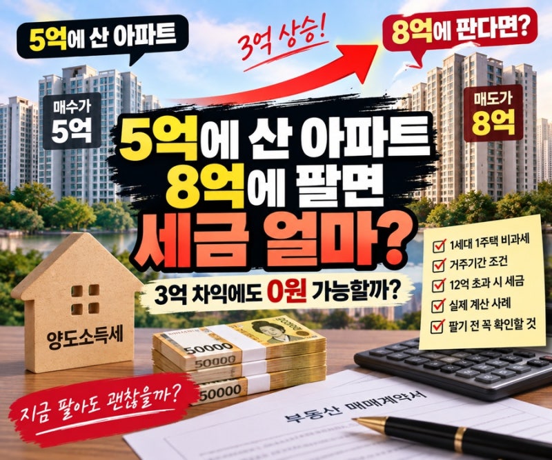 5억에 산 아파트 8억에 팔면 세금 얼마? 양도소득세 3억 차익에도 0원 가능할까?