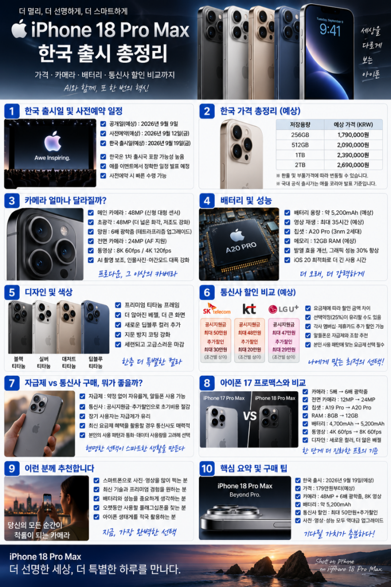 아이폰 18 프로맥스 한국 출시 총정리 가격·카메라·배터리·통신사 할인 비교｜자급제와 통....
