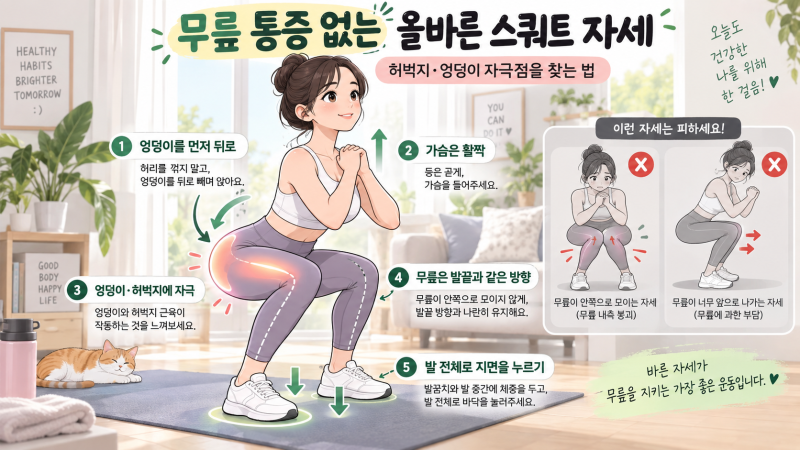 무릎 통증 없는 올바른 스쿼트 자세와 자극점 찾는 법