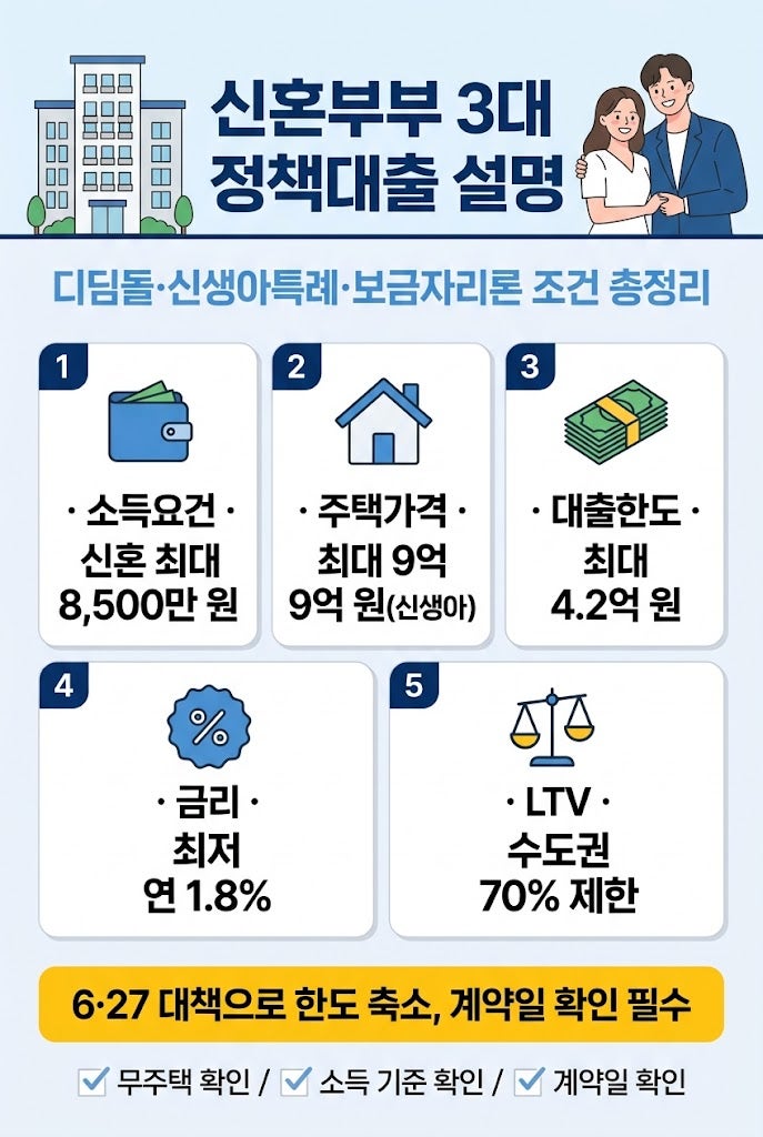 신혼부부 정책대출 설명 | 디딤돌·신생아특례·보금자리론 조건 총정리