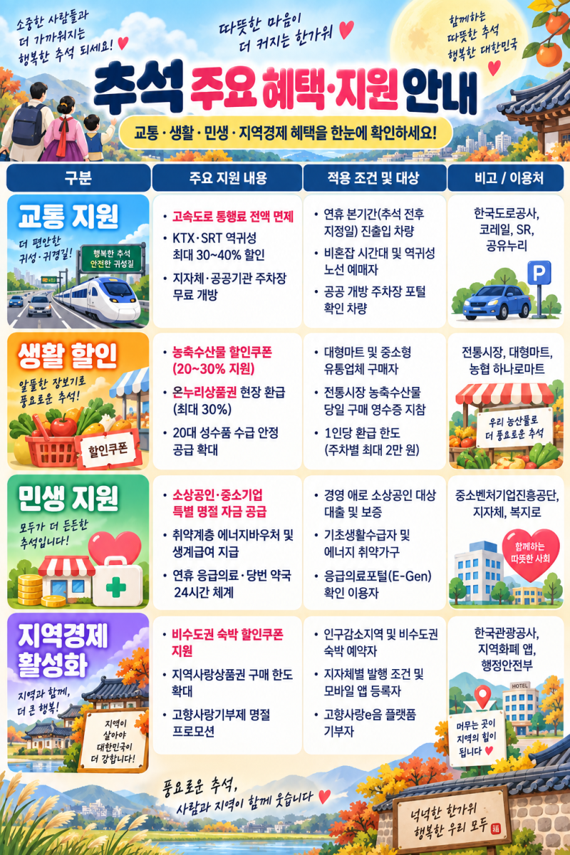 2026 추석 민생안정대책 총정리: 교통·장보기 할인부터 취약계층 지원 조건 분석