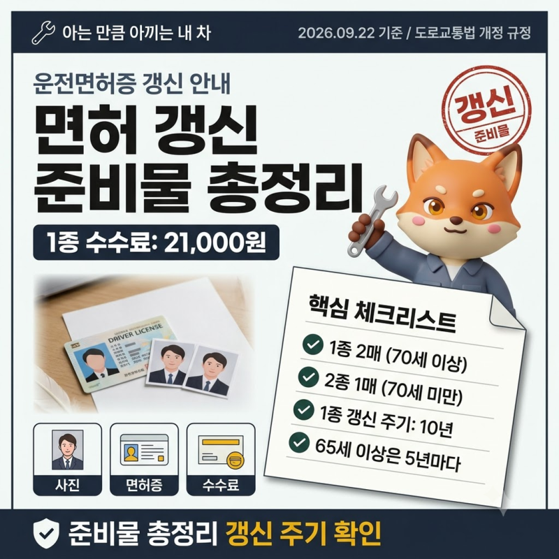 운전면허갱신준비물 사진 2매와 면허증, 1종 수수료 21,000원