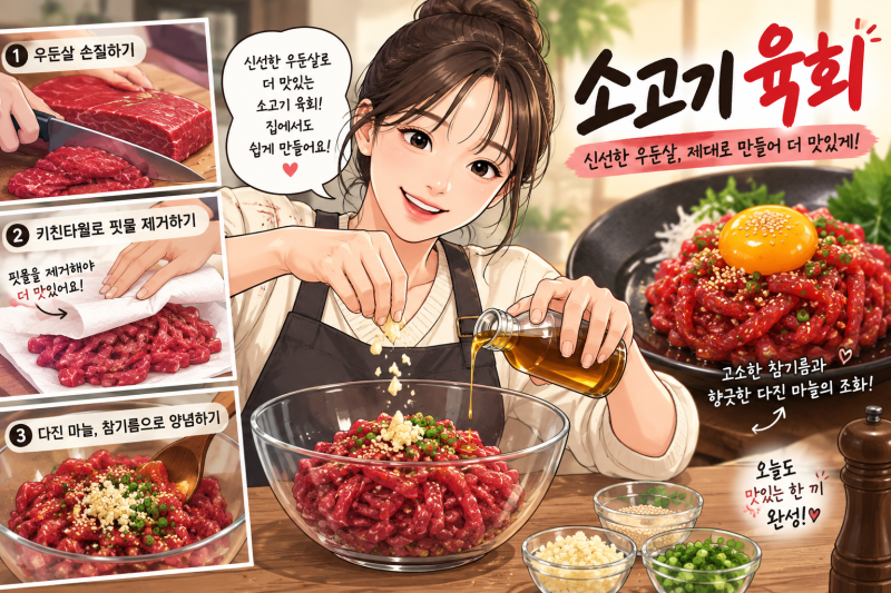 소고기 육회 우둔살 핏물 제거법과 참기름 양념 황금레시피