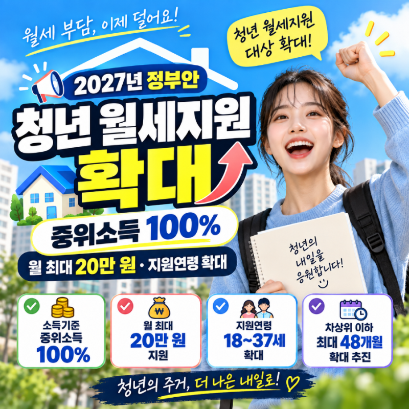 2027 청년 월세지원 확대｜중위소득 100%·월 최대 20만 원·지원 대상 총정리