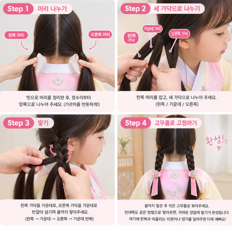 여자아이 한복 머리 땋기 방법｜사진으로 쉽게 따라 하는 4단계