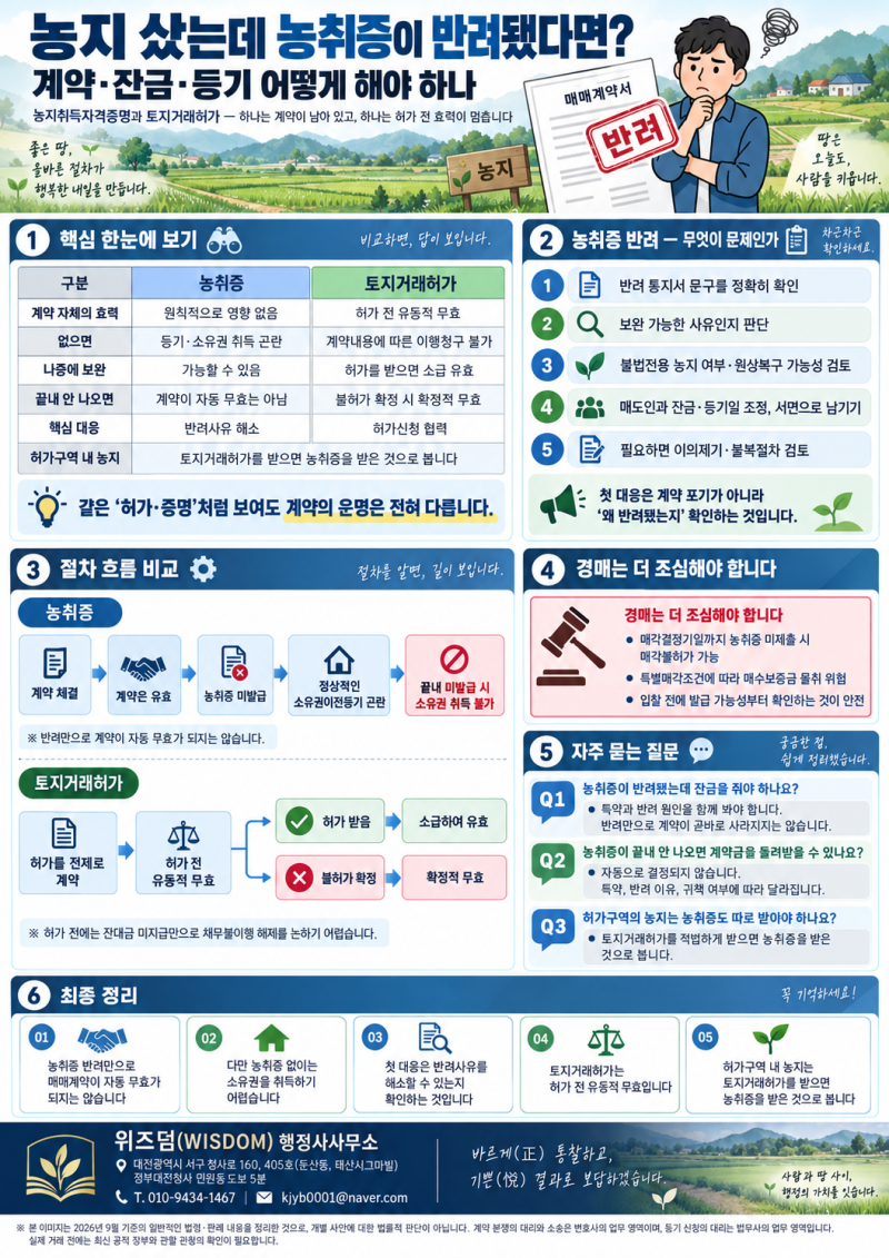 농지 샀는데 농취증이 반려됐다면?계약·잔금·등기 어떻게 해야 하나