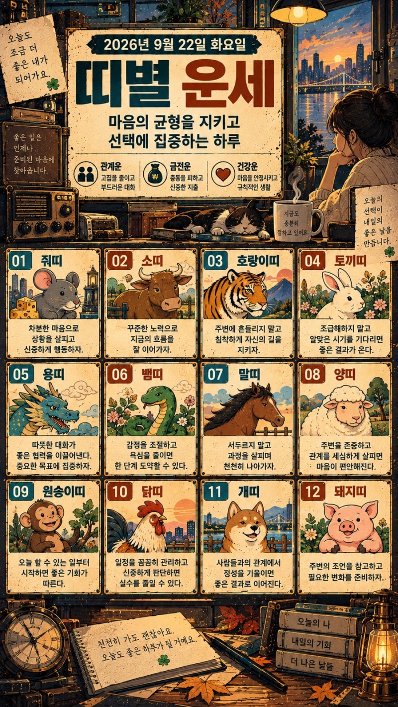 2026년 9월 22일 띠별 운세, 마음의 균형을 지키고 선택에 집중하는 화요일