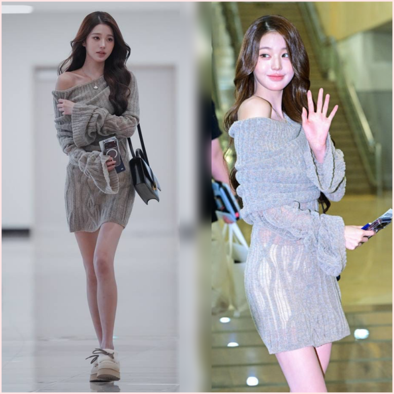 쇄골 라인이 이렇게 예쁘다고? 장원영의 니트 원피스 공항패션