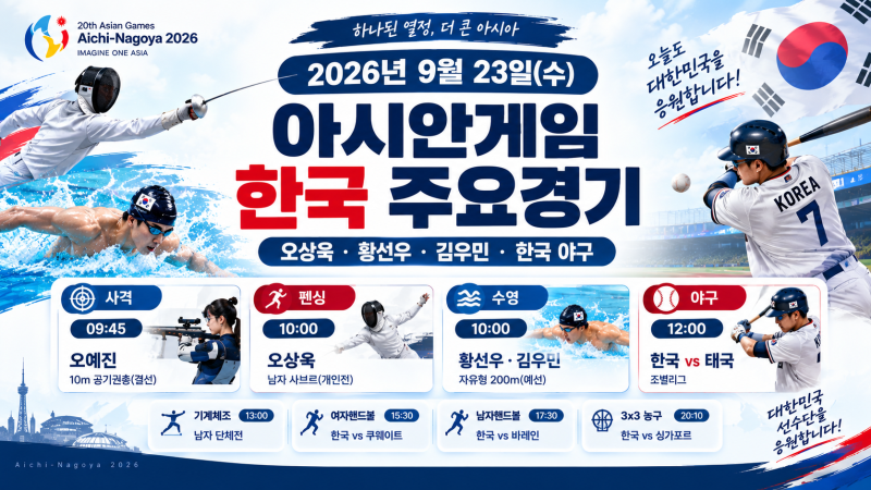 2026년 9월 23일 아시안게임 한국 주요경기 일정 총정리｜오상욱·황선우·김우민·한국 야구