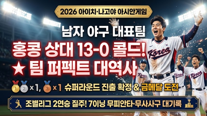 [2026 아시안게임 야구] 대한민국, 홍콩 상대 13-0 콜드승 및 '팀 퍼펙트' 대역사! (조별리그 2연....