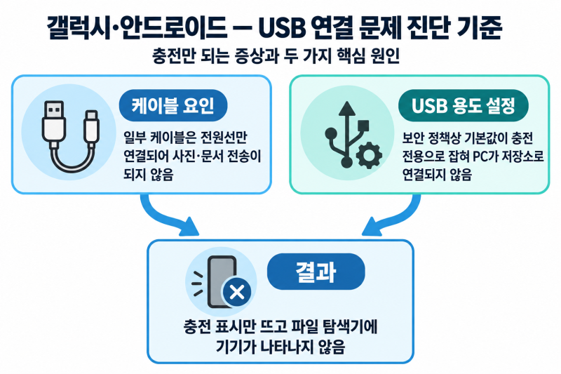 휴대폰을 PC에 꽂았는데 충전만 된다면, 파일 전송이 막힌 지점부터 찾기