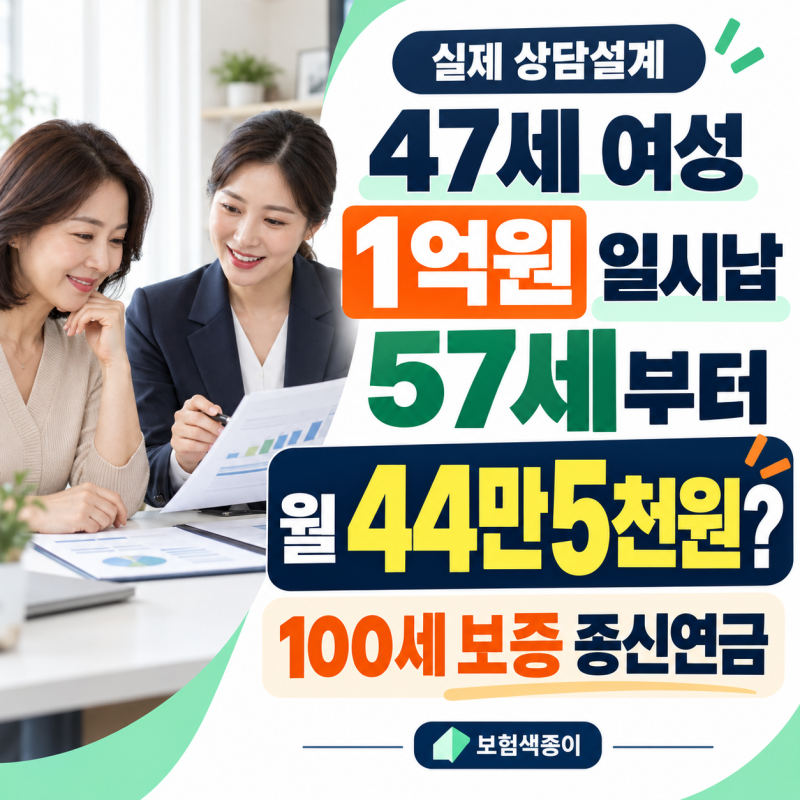 47세 여성 1억원 일시납 연금보험, 57세부터 평생 월 44만원 받을까?