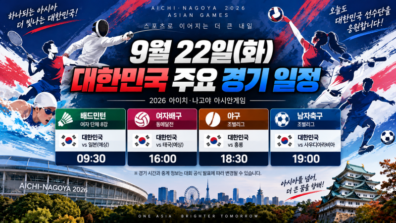 9월 22일 아시안게임 한국 경기 일정｜안세영·송세라 출격, 야구 홍콩전·축구 사우디전 시간....