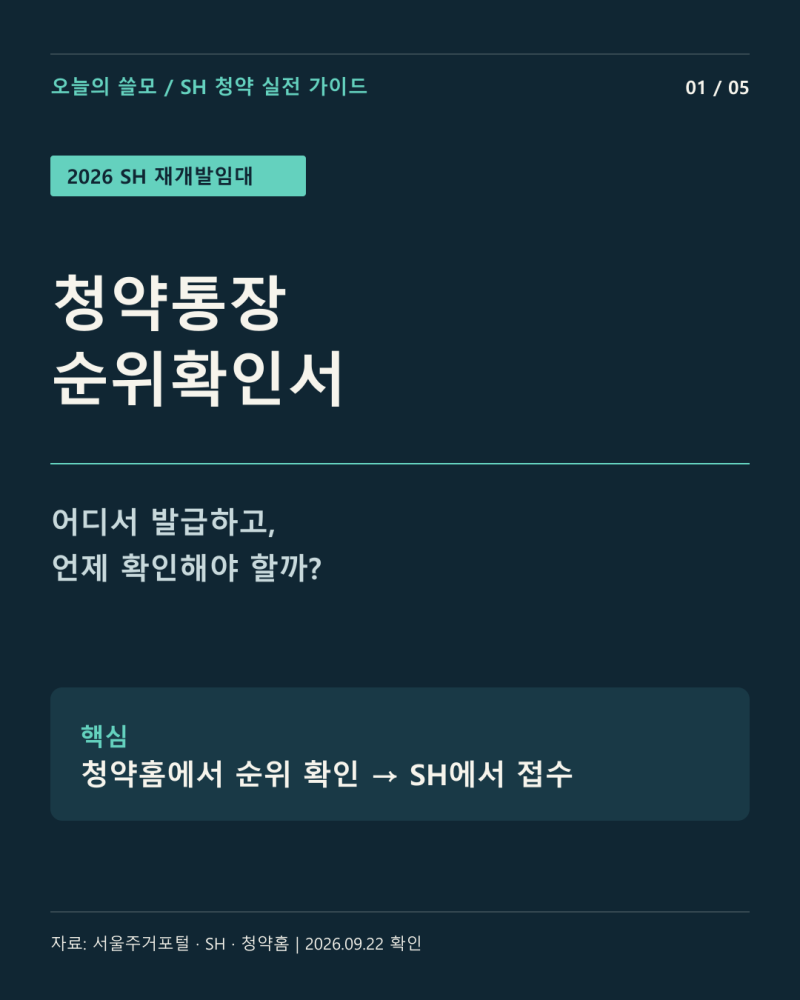 2026 SH 재개발임대 청약통장 순위확인서 발급｜주택관리번호·9월 29일 신청 준비