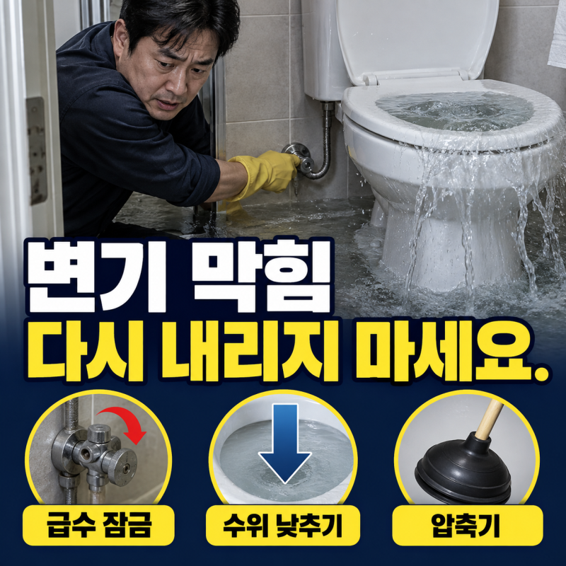 변기 막힘 뚫는 법, 물이 차오를 때 절대 다시 내리지 마세요
