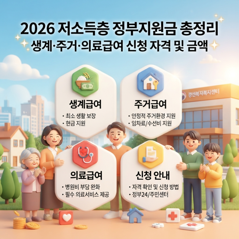 2026 저소득층 정부지원금 총정리 | 생계·주거·의료급여 신청 자격 및 금액