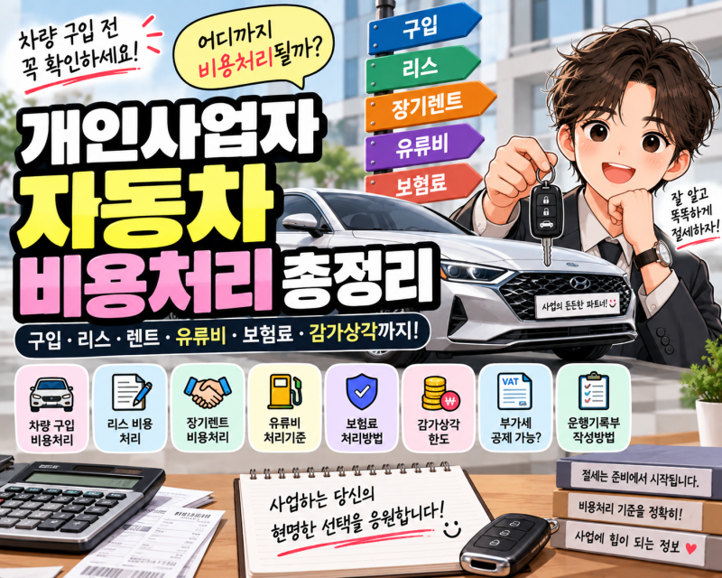 개인사업자 자동차 비용처리 총정리｜차량 구입·리스·렌트·유류비·보험료·감가상각 비교