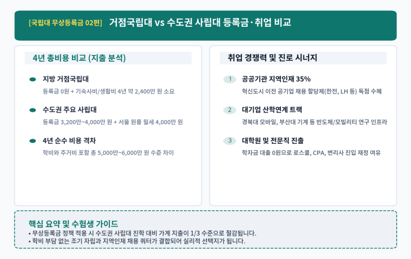 거점국립대(지거국) vs 수도권 사립대 등록금·취업 비교: 4년 학비 6,000만 원 격차와 지역인재....