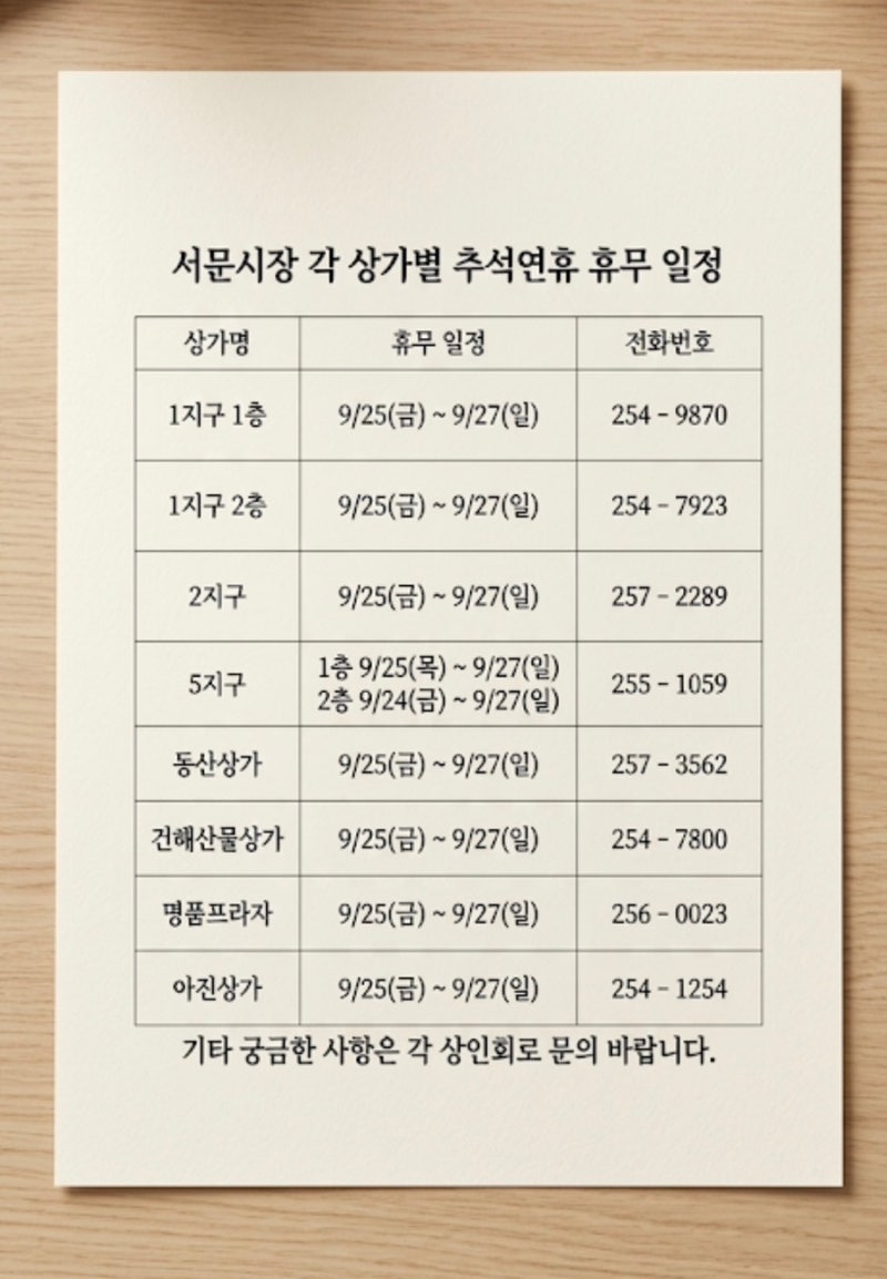 대구 서문시장 추석연휴 휴무 일정 1지구, 2지구 명절 휴무일 • 주차장 주차요금