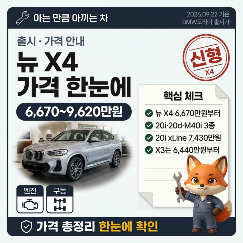 BMWX4 가격 6,670만원부터 9,620만원, 라인업은 3종