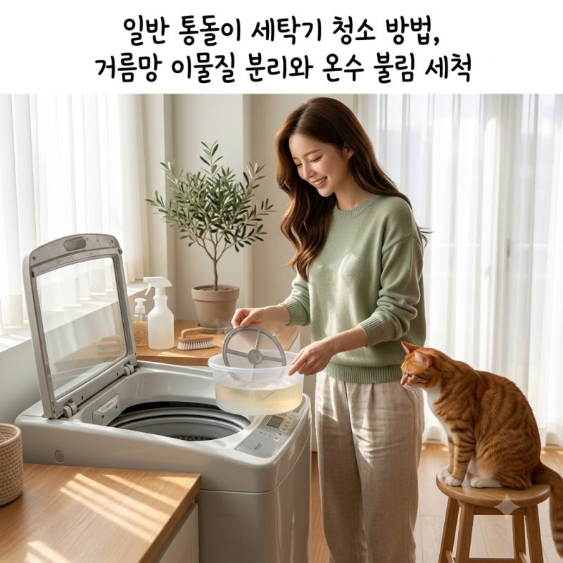 일반 통돌이 세탁기 청소 방법, 거름망 이물질 분리와 온수 불림 세척