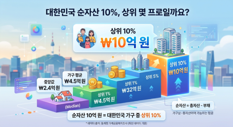 "서울에 10억 아파트 널렸는데?" '순자산 10억', 대한민국 진짜 상위 몇 %일까?(통계청 피셜)