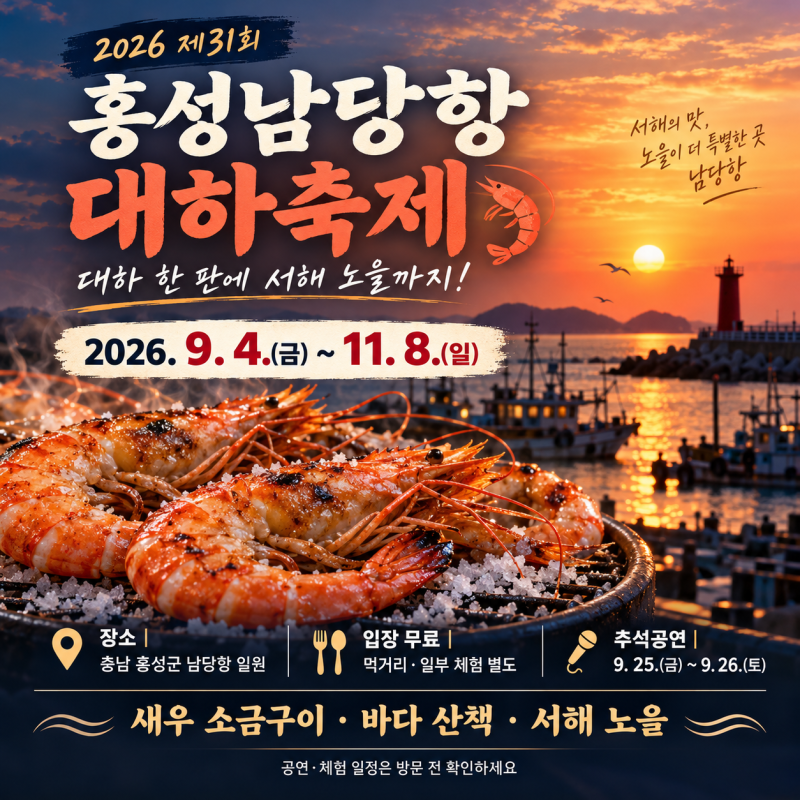 대하 한 판에 서해 노을까지! 2026 홍성남당항 대하축제 일정·공연·방문 팁