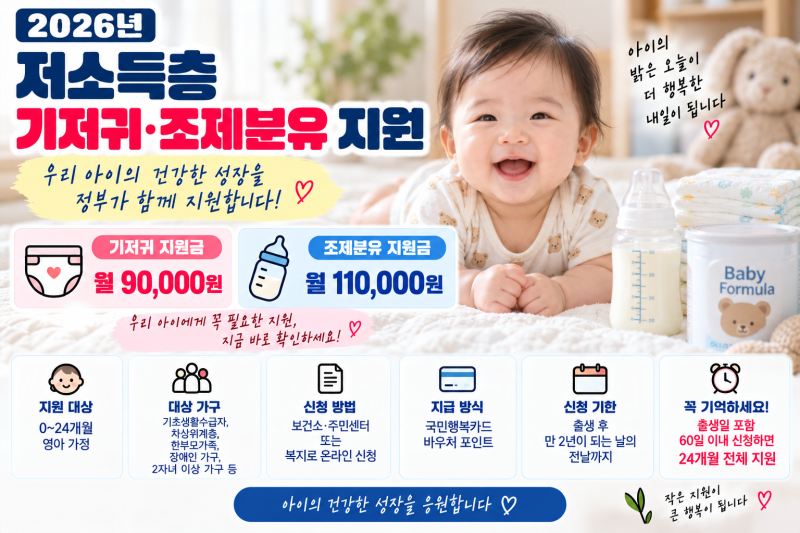 2026 기저귀.조제분유 지원 누가 받을 수 있을까? 지원금액.소득기준.신청방법 알아보기