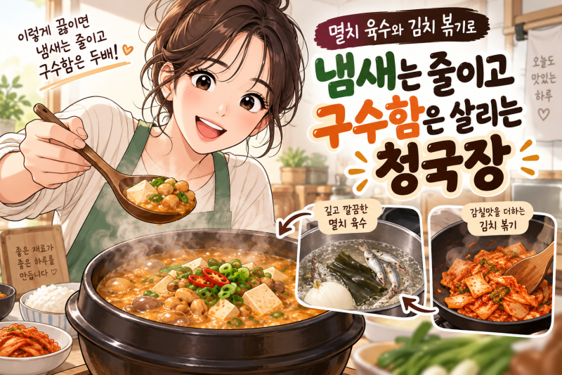 청국장 냄새 줄이고 구수한 멸치육수와 김치 볶는 법 초간단 비법